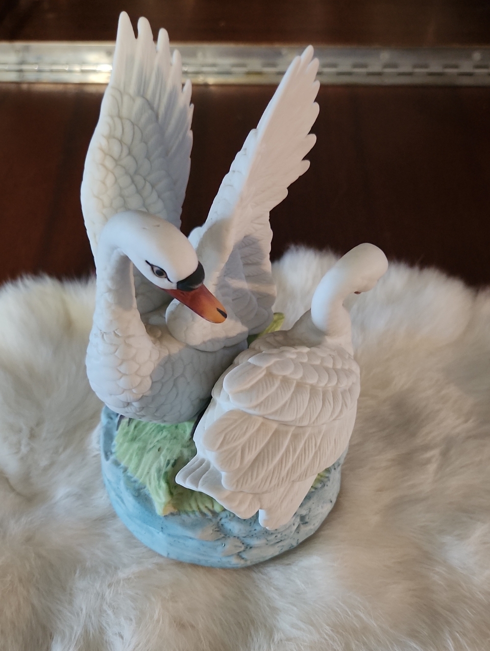 Porcelain Swan Figurine Pair - White with Blue Base